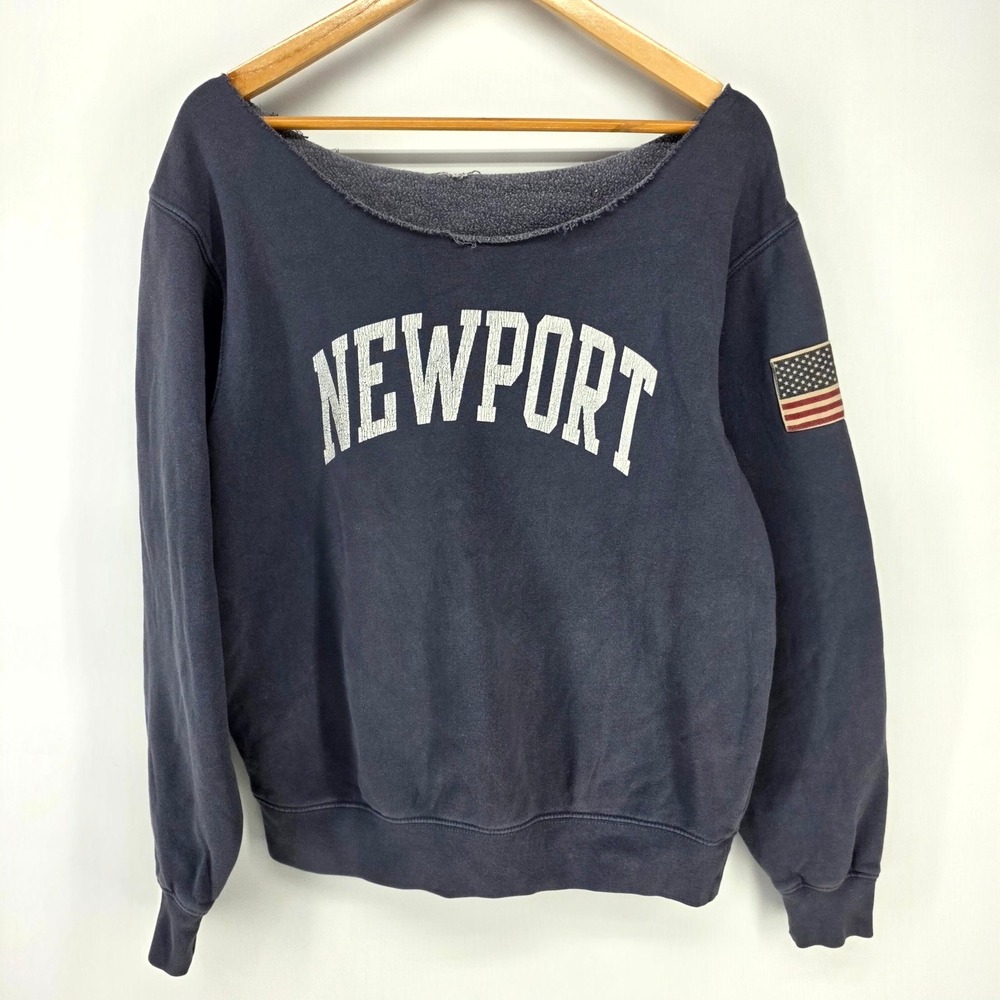 Brandy Melville Sweatshirt Women XS Navy Newport American Flag Raw Hem Pullover